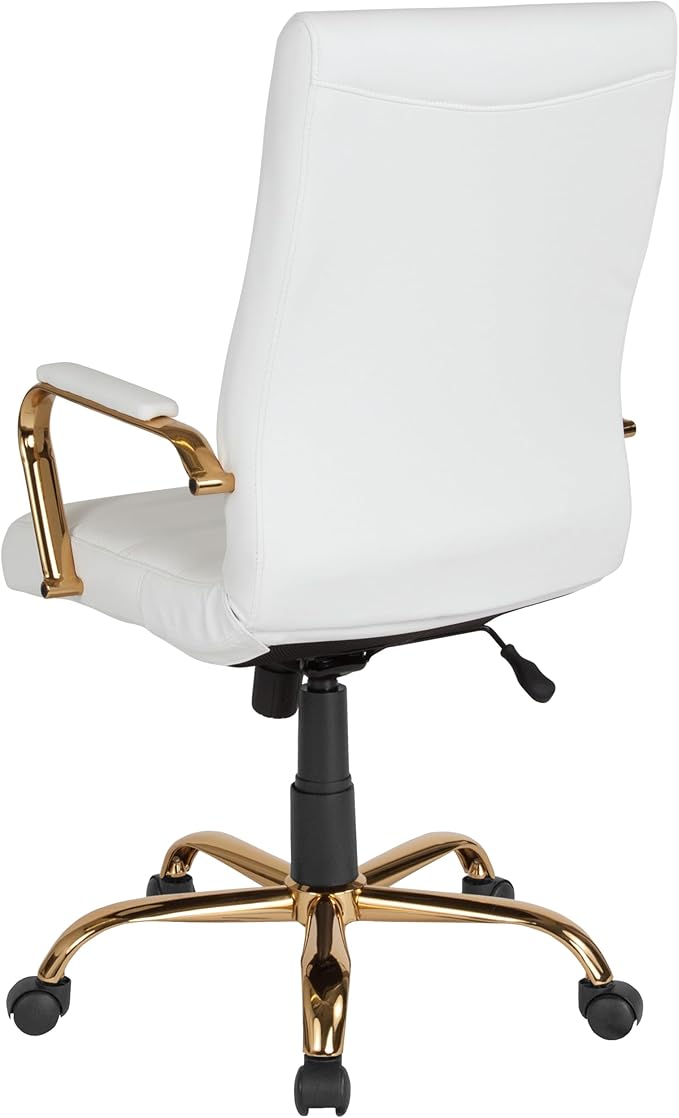 Flash Furniture Whitney Mid-Back Swivel LeatherSoft Desk Chair with Padded Seat and Armrests, Adjustable Height Padded Office Chair, 27"D x 26"W x 43"H, White/Gold-DeskLoop Office