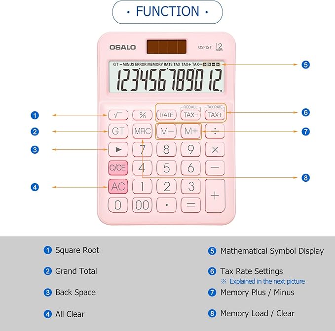 Pocket Small Size Desk Calculator, 12 Digit Large LCD Display, Basic Tax Function Handheld Desktop Calculator with Solar Battery Dual Power, Perfect for Office, School, Business OS-12T (Pink)-DeskLoop Office