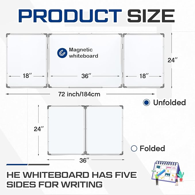 72" x 24" Foldable Whiteboard Dry Erase Board Large Tri Folding Whiteboard - Image 2
