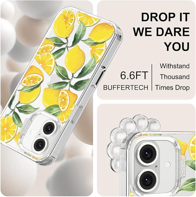 MOSNOVO Case for iPhone 16 Plus, [Buffertech 6.6ft Military-Grade Drop Protection] [Anti Peel Off Tech] Clear TPU Bumper Phone Case Cover Design - Lemon-DeskLoop Office
