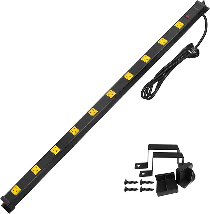 SURAIELEC 10 Outlet Long Power Strip Surge Protector, Industrial Heavy Duty Metal Shop Power Strip with Flat Plug, 1000 Joules, 15 AMP Breaker, 6FT Cord, Wall Mountable, for Work Bench, Shop, Garage-DeskLoop Office