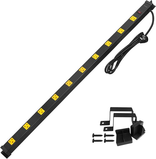 SURAIELEC 10 Outlet Long Power Strip Surge Protector, Industrial Heavy Duty Metal Shop Power Strip with Flat Plug, 1000 Joules, 15 AMP Breaker, 6FT Cord, Wall Mountable, for Work Bench, Shop, Garage-DeskLoop Office
