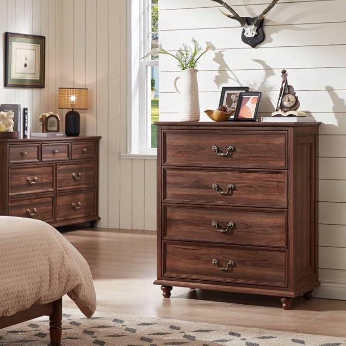 Farmhouse 4 Drawer Dresser Set of 2 for Bedroom, 37" Tall Rustic Chests of Drawers w/ 4 Solid Wood Feet, Mid Century Vintage Wooden Closet Storage Dressers Organizer for Living Room, Brown-DeskLoop Office