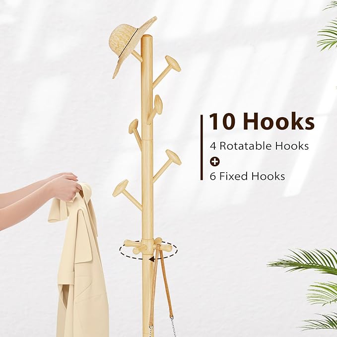 Solid Wood Coat Rack Freestanding Coat Tree with 10 Hooks for Bedroom, Livingroom, Entryway, Sturdy Coat Hanger Stand for Hats, Coats, Scarves, Handbags, Purses-DeskLoop Office