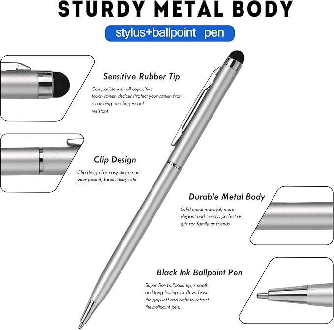 15 Pack Stylus Pens for Touch Screens Stylus Pen Compatible with Phone Tablets Kindle and Black Ink Ballpoint Pens-2 in 1 Stylists pens for Touch Screens (Silver)-DeskLoop Office