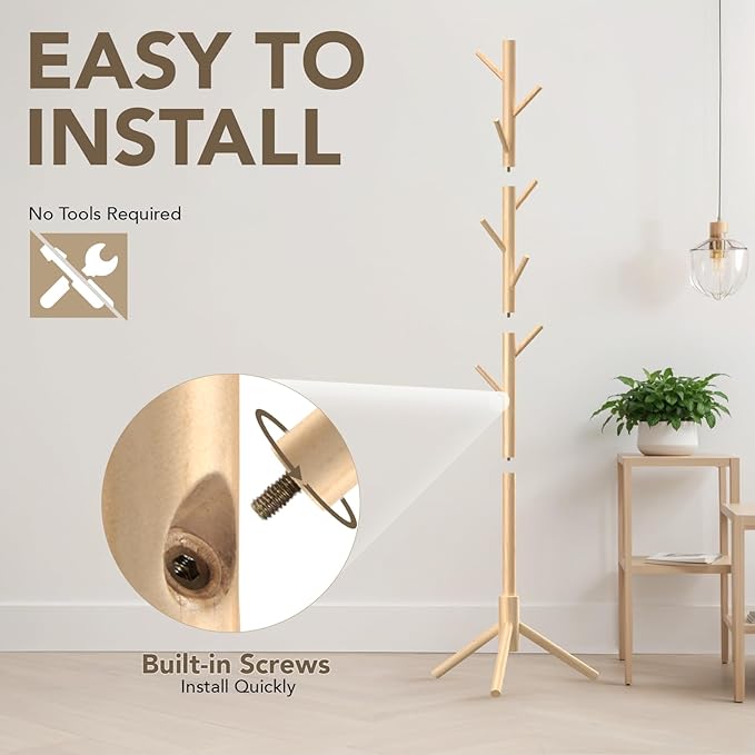 Wooden Tree Coat Rack Stand,Sturdy Freestanding Coat Rack with 8 Hooks,3 Adjustable Height for Child Adult,Wood Coat Stand Tree Fits Entryway Bedroom Office for Bags,Hats-DeskLoop Office