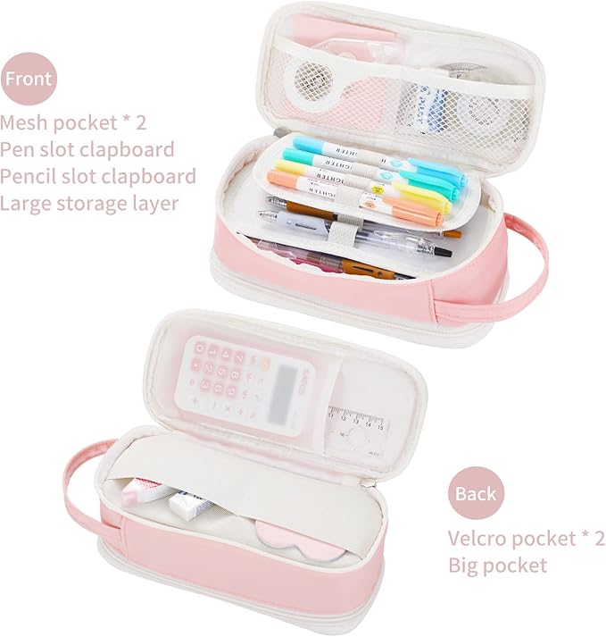 Dugio Big Pencil Case for Girls Teens Kids Zipper Pencil Pouch with Handle Organizer Pencil Bag Aesthetic Pencil Box for School Pink-DeskLoop Office