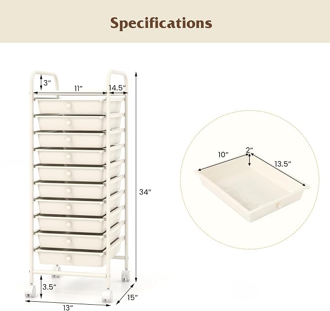 Giantex 10-Drawer Storage Cart w/Universal Wheel, Rolling Cart w/Handle - Image 3