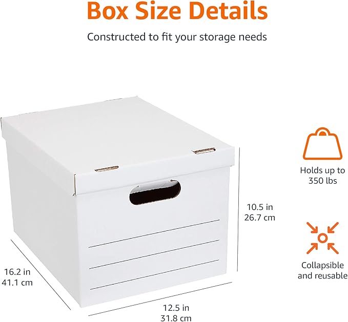 Amazon Basics Storage/Filing Boxes with Lift-Off Lid - Letter/Legal Size, Sturdy, Easy Assembly, White, 16.2" L x 12.5" W x 10.5" H, Pack of 20-DeskLoop Office