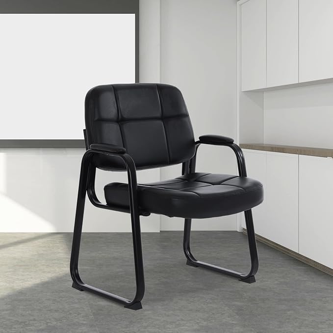 CLATINA Big & Tall Waiting Room Guest Chair with Bonded Leather Padded Arm Rest and Sled Base for Office Reception Lobby and Conference Desk, Black-DeskLoop Office