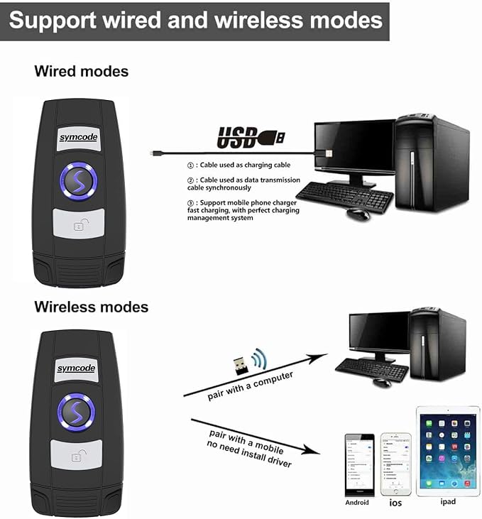 Mini 2D Portable Handheld Bluetooth Barcode Scanner Wireless 2.4G & USB Wired - Image 3