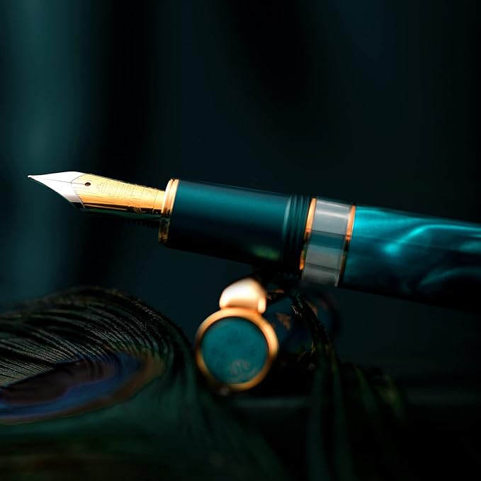 Hongdian N7 Blue Peacock Resin Piston Fountain Pen, Iridium Extra Fine Nib Classic Pen, Smooth Writing Pen with Metal Box