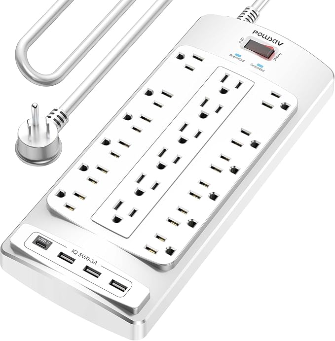 18 Outlets Surge Protector Power Strip - 10 Feet Flat Plug Heavy Duty Extension Cord with 18 Widely Outlets and 4 USB Ports, 2100 Joules, White, ETL Listed-DeskLoop Office