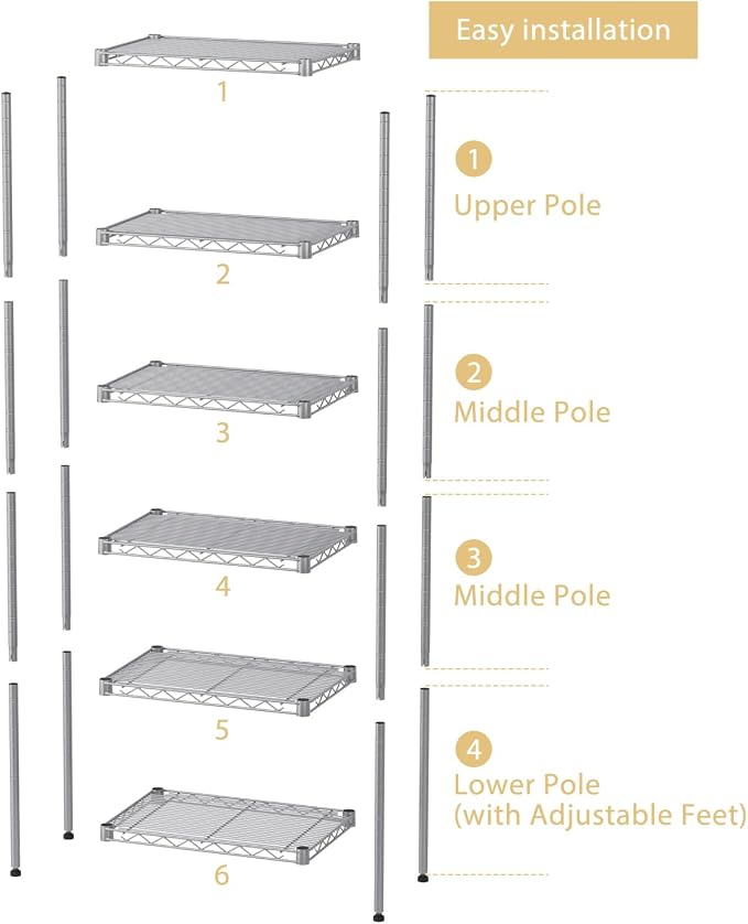 SINGAYE 6 Tier Shelf Wire Shelving Adjustable Storage Shelves Rack Standing - Image 4