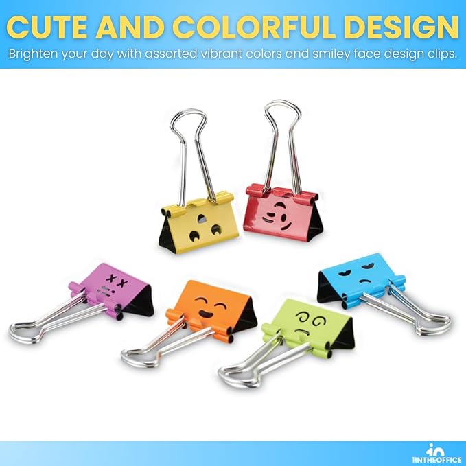 1InTheOffice Medium Cute Colored Smiley Face Binder Clips - Image 5