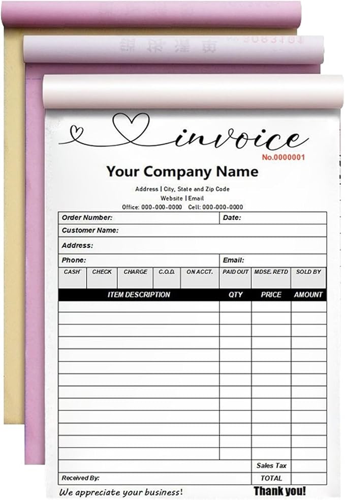Custom Invoice Book in 3-Part /2-Part Receipt Book by Wasetell