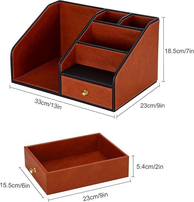 KINGFOM PU Leather Desk Organizer, Multifunction 6 Compartment Desk Organizers and Accessories for Office Supplies, Pen Pencil Holder/Book Mail Organizer Holder for Desk with Drawer (Brown)-DeskLoop Office