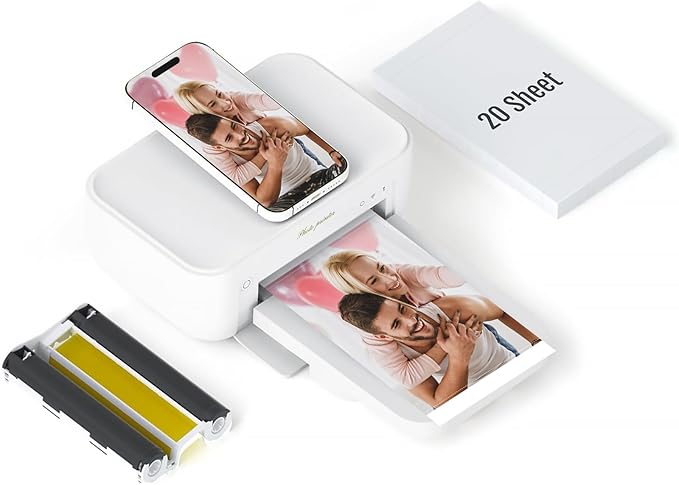 HPRT 4x6 Photo Printer, +20 Sheets&1 Ribbon, Picture Printer for iPhone, Android, Portable Dye-Sublimation, AR Video Printing（White）-DeskLoop Office
