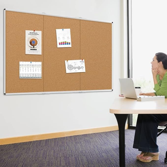 VIZ-PRO 96" x 48" Large Cork Bulletin Board, Foldable & Wall-Mounted Notice Pin Board with Silver Aluminum Frame, for School Home Office - 8' x 4' Corkboard-DeskLoop Office