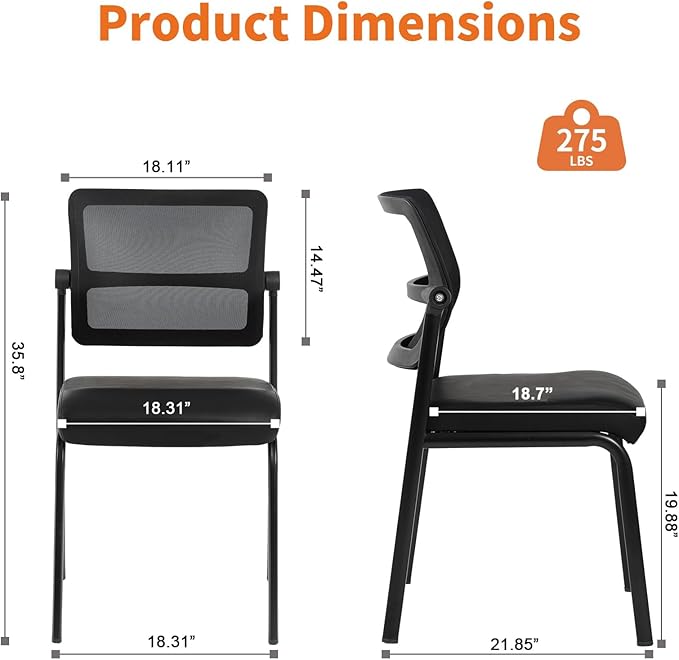 CLATINA Stackable Waiting Room Chair with Adjustable Mesh Backrest, Armless Office Guest Reception Chairs with Leather Cushion and Ergonomic Lumbar Support for Conference Lobby Side School, Black, 8PK-DeskLoop Office