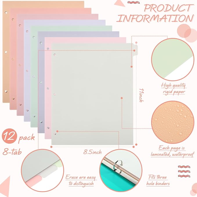 Honoson 12 Sets 8 Tab Dividers for 3 Ring Binders Plastic File 8.5 x 11 Inch - Image 2