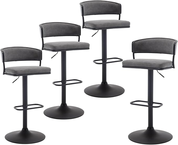 Adjustable Modern Bar Stools Set of 4 Faux Leather Barstools Swivel Counter Height Bar stools with Curved Back/Black Metal Base Comfy Upholstered Bar Chairs for Kitchen Island, Grey-DeskLoop Office