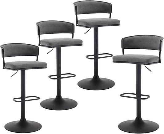 Adjustable Modern Bar Stools Set of 4 Faux Leather Barstools Swivel Counter Height Bar stools with Curved Back/Black Metal Base Comfy Upholstered Bar Chairs for Kitchen Island, Grey-DeskLoop Office