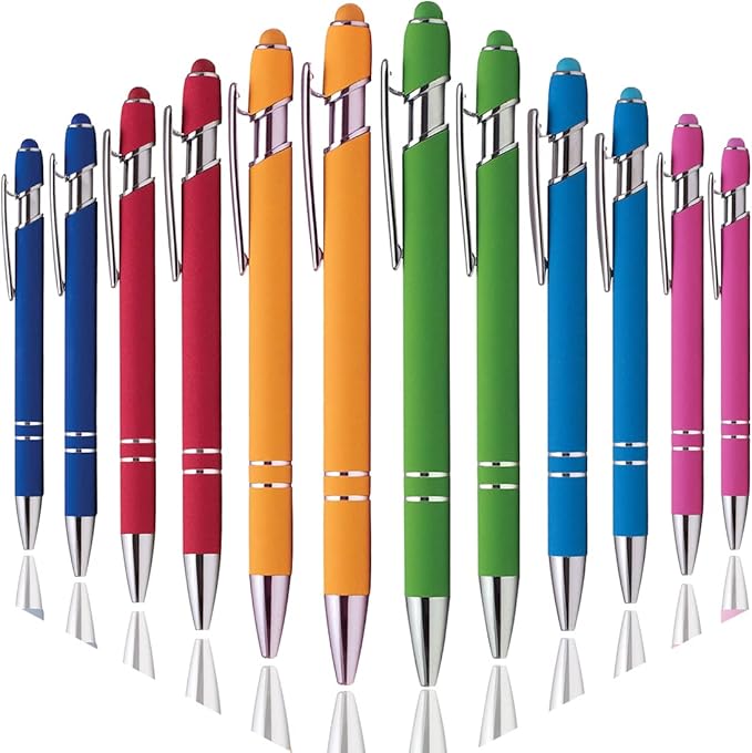 Ballpoint Pen with Stylus Tip, Soft Touch Click Metal Pen, 1.0mm Medium Point, Black Ink, 12 Count(6 Colors)-DeskLoop Office