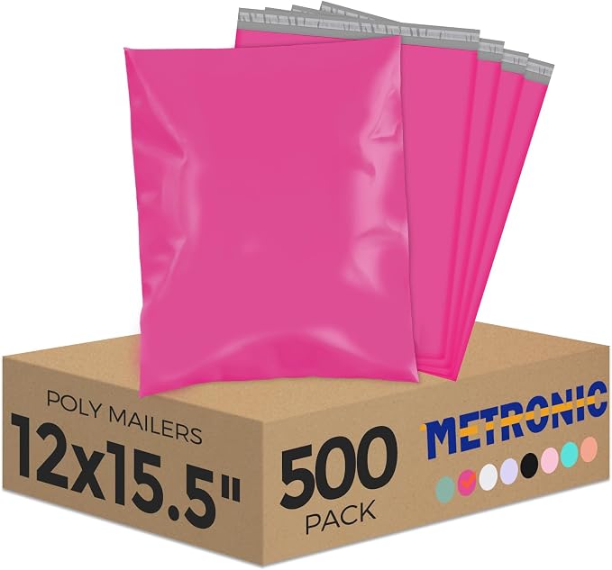 Metronic Poly Mailers 12x15.5 500 Pack Pink, Midium Size Shipping Bags Strong by METRONIC