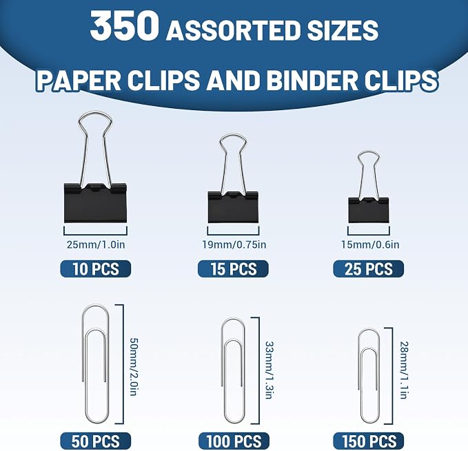 350 Pcs Paper Clips and Binder Clips, Office Clips Set, Large Binder Clips - Image 2