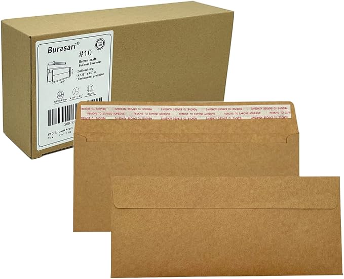 80Qty#10 Brown Kraft Business envelopes 4.125x9.5In- windowless design 120GSM by Burasari