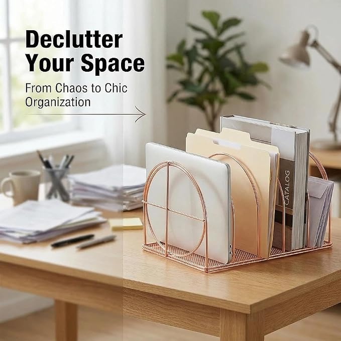 File Sorter Organizer, 5 Section Magazine Holder Rack, Desktop Round Wire Book - Image 5