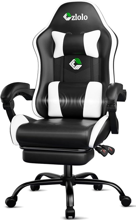 Gaming Chair, Ergonomic Office Computer Chair with Footrest and Lumbar Support Massager Racing Style High Back Video Gamer Chair, Wide＆Thick Cushion, 90°-135° Recline, Adjustable Height, White-DeskLoop Office