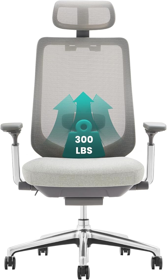 COLAMY Ergonomic Mesh Office Chair, High Back Computer Executive Desk Chair with Adjustable Headrest and 4D Arms, Slide Seat, Tilt Lock-Light Grey-DeskLoop Office
