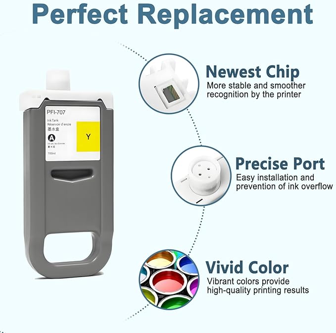 PFI-707 Ink Cartridge PFI707 Ink Tank Compatible with Canon imagePROGRAF PF830, iPF840, iPF850 CAD Plotters 700 ML (1-Pack, Yellow)-DeskLoop Office