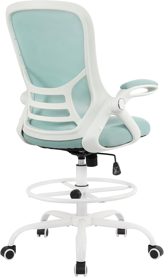 HYLONE Drafting Chair Tiffany Blue, Tall Office Chair Standing Desk Stool with Adjustable Height, Foot Ring, Flip-Up Arms, Mesh High-Back Office Chair, White-DeskLoop Office