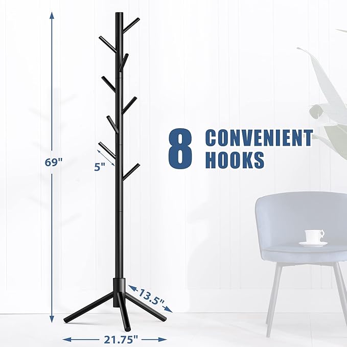Haddockway Wooden Coat Rack Stand with 8 Hooks New Zealand Pine 3 Adjustable Coat Standing Tree Easy Assembly for Coats, Hats, Scarves and Handbags for Entryway, Hallway, Bedroom, Office,2 PCS-DeskLoop Office