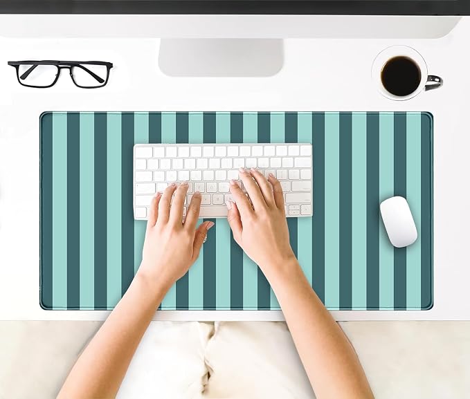 Teal Blue Striped Desk Mat Cute Pastel XXL Large Gaming Mouse Pad Desk Pad - Image 4