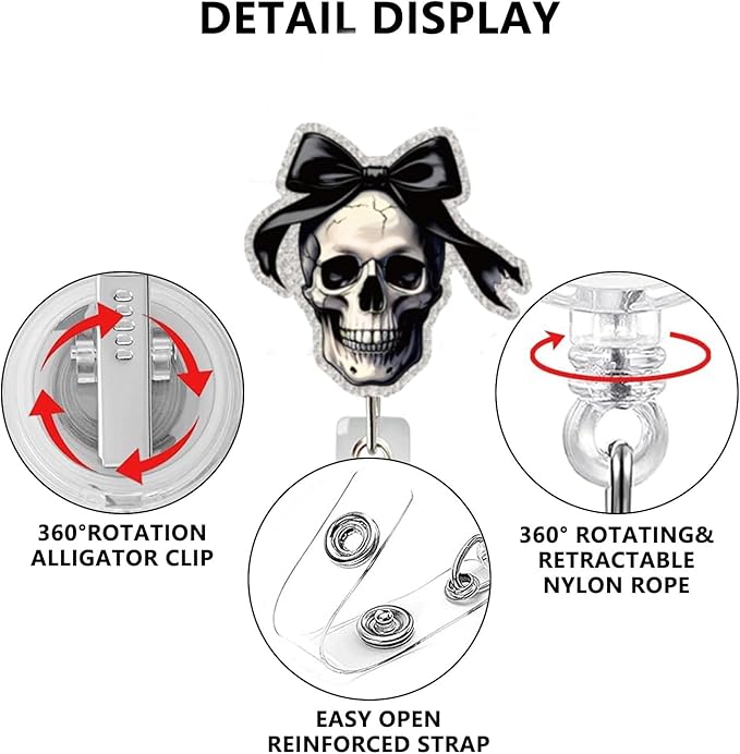 Halloween Skull Badge Reel Retractable for Nurse Nursing Student Medical Worker & Office Staff Acrylic Alligator Clip Badge Reel Halloween Skeleton with Bow ID Card Badge Holder Gifts-DeskLoop Office