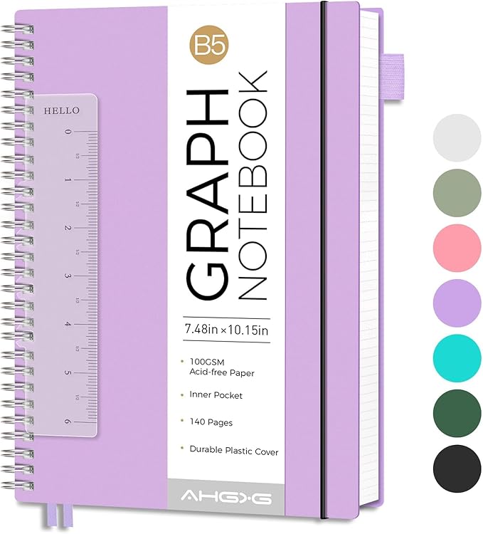 AHGXG Graph Paper Notebook - Spiral Notebook Journal 7.6" x 10", B5 Large Graph Notebook, 140 Pages, 100 gsm Thick Grid Paper, Waterproof Plastic Cover, for School Writing Engineering, Purple-DeskLoop Office
