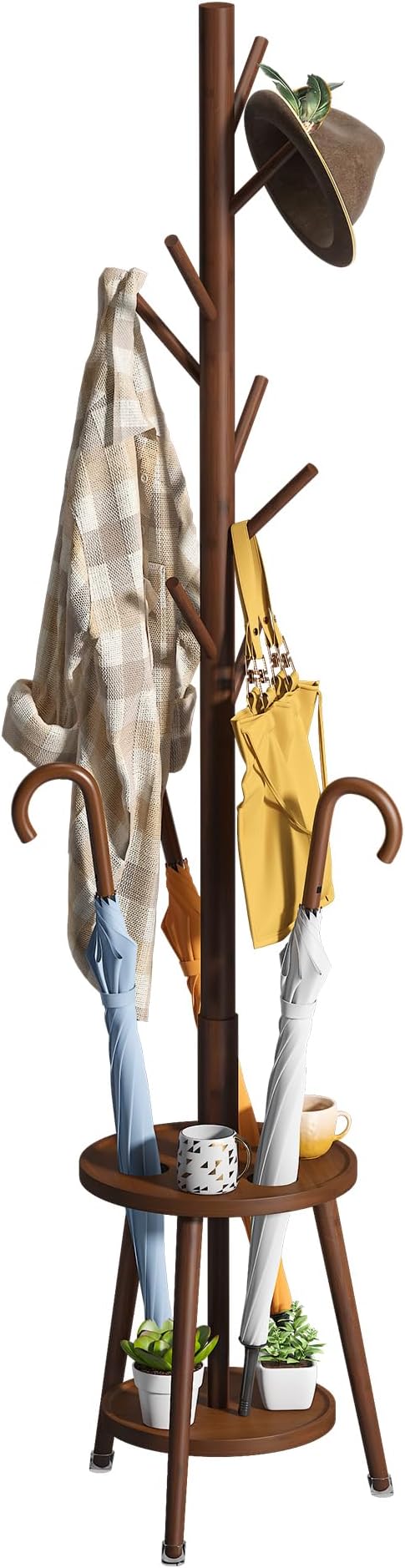 FILWH Freestanding Coat Rack with Umbrella Organizer Tray Bamboo Coat Tree Rack with 8 Hook Stand for Clothes Bag Hats Entryway Hanger Stand(Brown)-DeskLoop Office