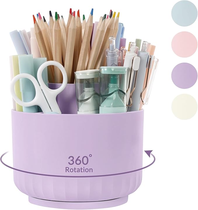 SKYDUE 360 Degree Rotating Desk Organizer, Dual-Purpose Pencil Pen Holder for Desktop, Rotating Desk Pen Organizer with 5 Slots Purple-DeskLoop Office