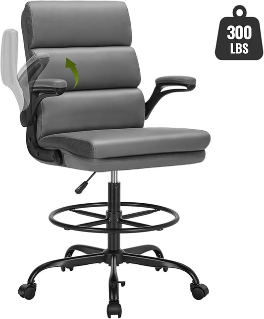 Drafting Chair Tall Office Chair with Padded Flip-up Armrests Executive Ergonomic Computer Standing Desk Chair with Comfortable Leather Backrest and Adjustable Footrest Ring (Gray)-DeskLoop Office