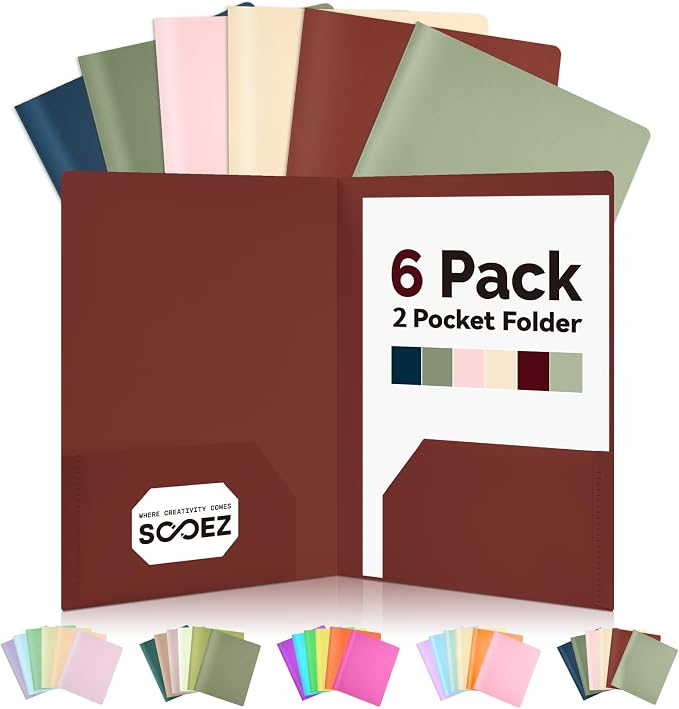 Sooez 6Pack Folders with Pockets, Pocket Folders with Extra Labels, Plastic by Sooez