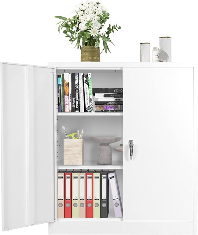 INTERGREAT Metal Cabinet with Lock, Lockable Metal Storage Cabinets with Doors and Shelves for Garage, White Locking Garage Storage Cabinets 36"×32"×16"-DeskLoop Office