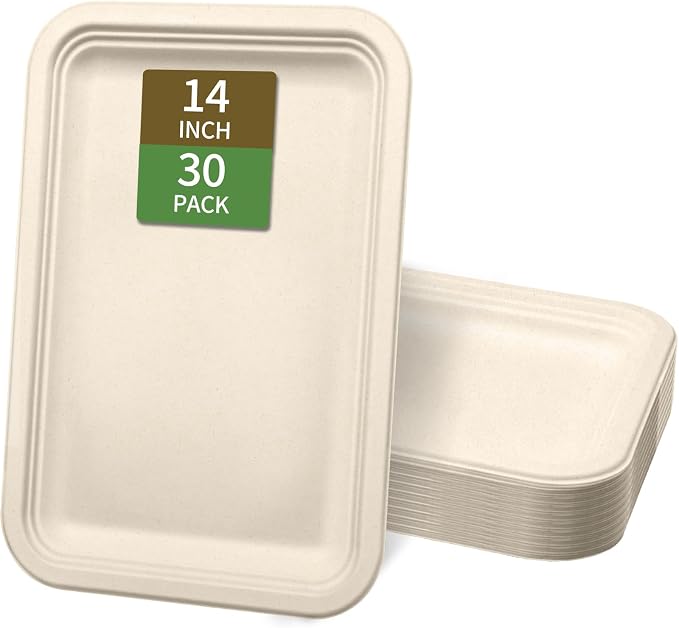 30Pack Compostable Food Trays 14 Inch Large Paper Plates Heavy Duty Disposable by VEIZEDD