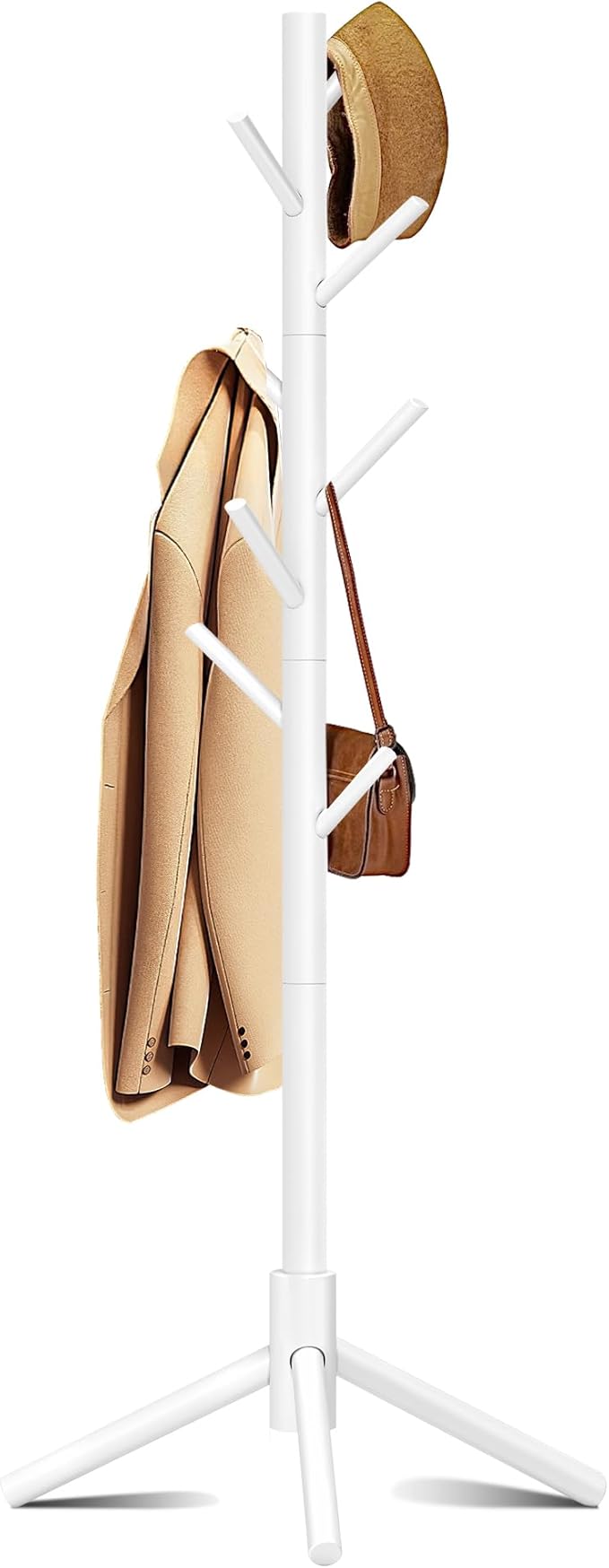 Wooden Coat Rack, Free Standing Coat Rack with 8 Hooks 3 Adjustable Heights for Clothes, Hats, Handbags, Coat Tree Easy Assembly for Entryway, Bedroom, Hallway, Office (New White)-DeskLoop Office
