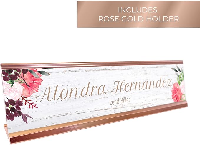 Personalized Rustic Floral Desk Plate / 8" x 2" Desk Sign/Faux Wood Pattern - Image 2