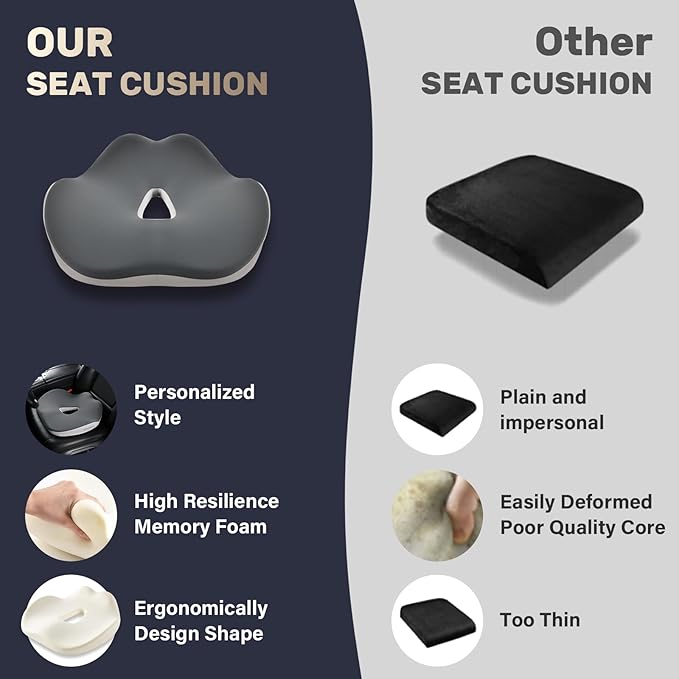Coverado Car Seat Cushion for Car Seat Driver/Passenger, Memory Foam Seat Cushions for Office Chairs, Tailbone Pain Relief Cushion, Sciatica & Back Support Black&Gray-DeskLoop Office