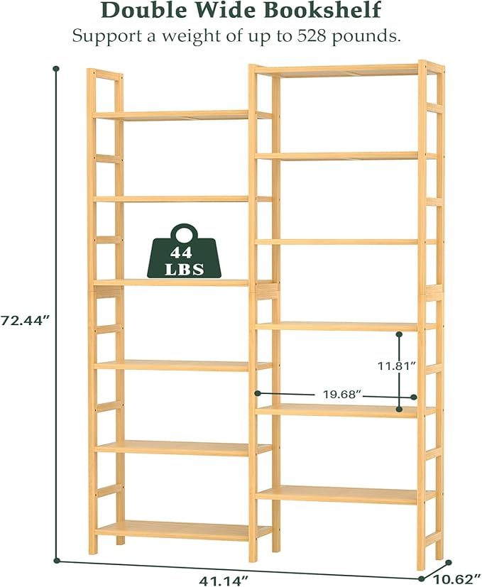 Homykic Double Wide Bamboo Bookshelf, 6-Tier Large Open Bookcase with 12 Display Shelves, 6ft Tall Freestanding Book Shelf for Home Office, Bedroom, Living Room, Plants, Natural-DeskLoop Office